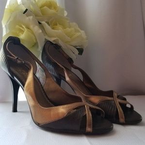 Size 7.5 Gold and Black BCBG Open  toe shoes